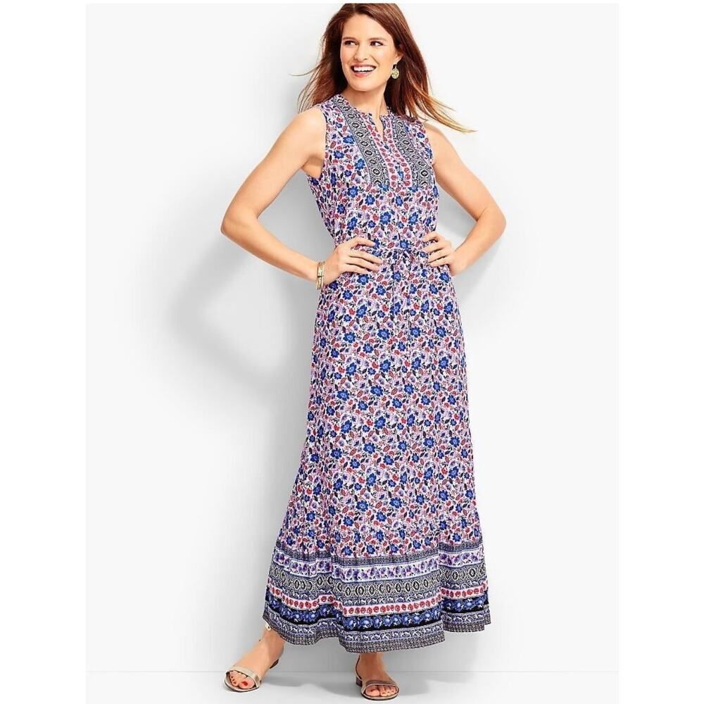 Talbots Dress Womens 10 Petite Pink Blue Multi Maxi Sleeveless Floral Bohemian